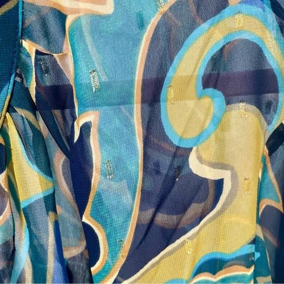 Chico’s Blue Gold Green Chiffon Metallic Swirl Ruffle Sleeve Button Up Blouse - Picture 7 of 14